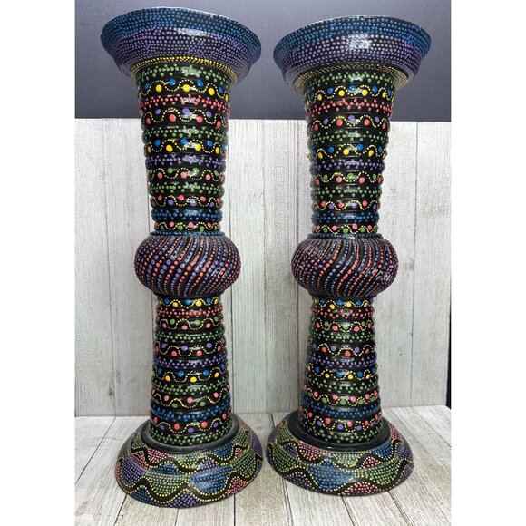 Vtg Folk Art Wood Candle Holder Hand Painted Rainbow Colors 16.5" Set of 2 - Picture 1 of 8